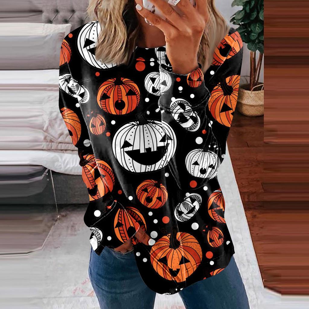 Blusa de algodón con cuello redondo para mujer, informal, a la moda, con estampado de Halloween, manga larga, cuello redondo, blusa superior