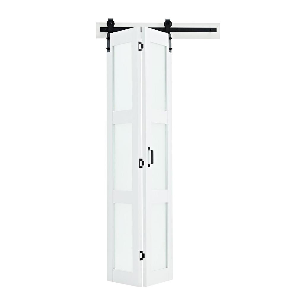 Puerta de Granero Plegable Doble, 914 x 2134 mm, MDF con Vidrio Templado Puertas Correderas Plegables Dobles para Armario, Kit de Herrajes Incluido, Diseño Ahorrador de Espacio, Pre-ensamblado