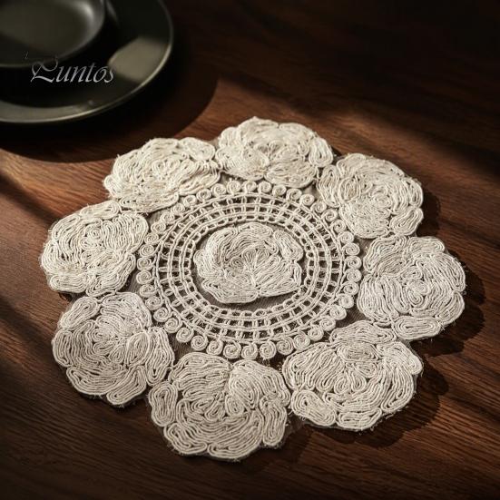 Round Lace Placemats Rose Placemat, Embroidered Coaster Place Mat, Retro European Style Table Decor Doily for Tea Cup Vase Dining Decoration