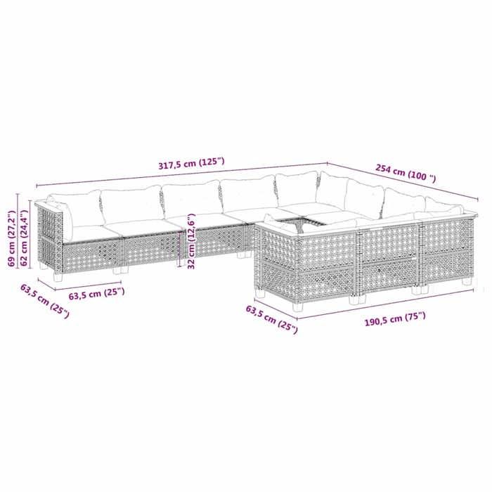 VidaXL Salon de jardin avec coussins 10 pcs beige résine tressée 3262036