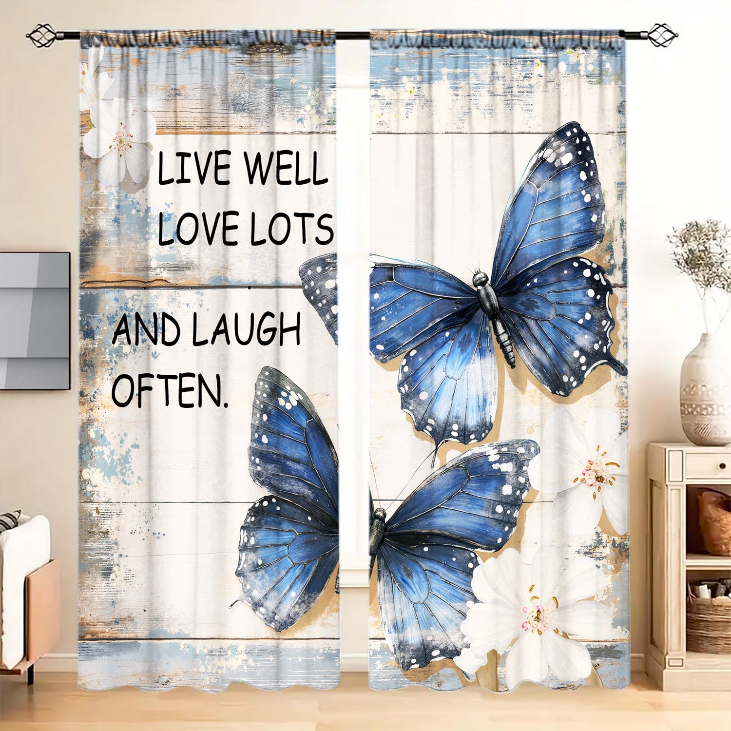 

Set Of 2 Retro Wall Peach Blossom Butterfly Printed Curtains Shade Privacy Protection Suitable Decorating Various Rooms Curtain Polyester W100*H70(CM)-Grommet top&1PCS