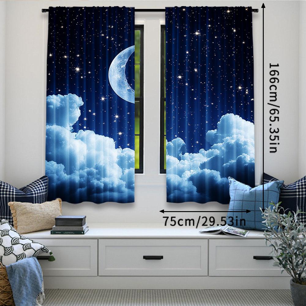 2Pcs Moon Curtains Blue Starry Sky Crescent Cumulus Curtain Suitable For Living Room Bedroom Hotel Dormitory A