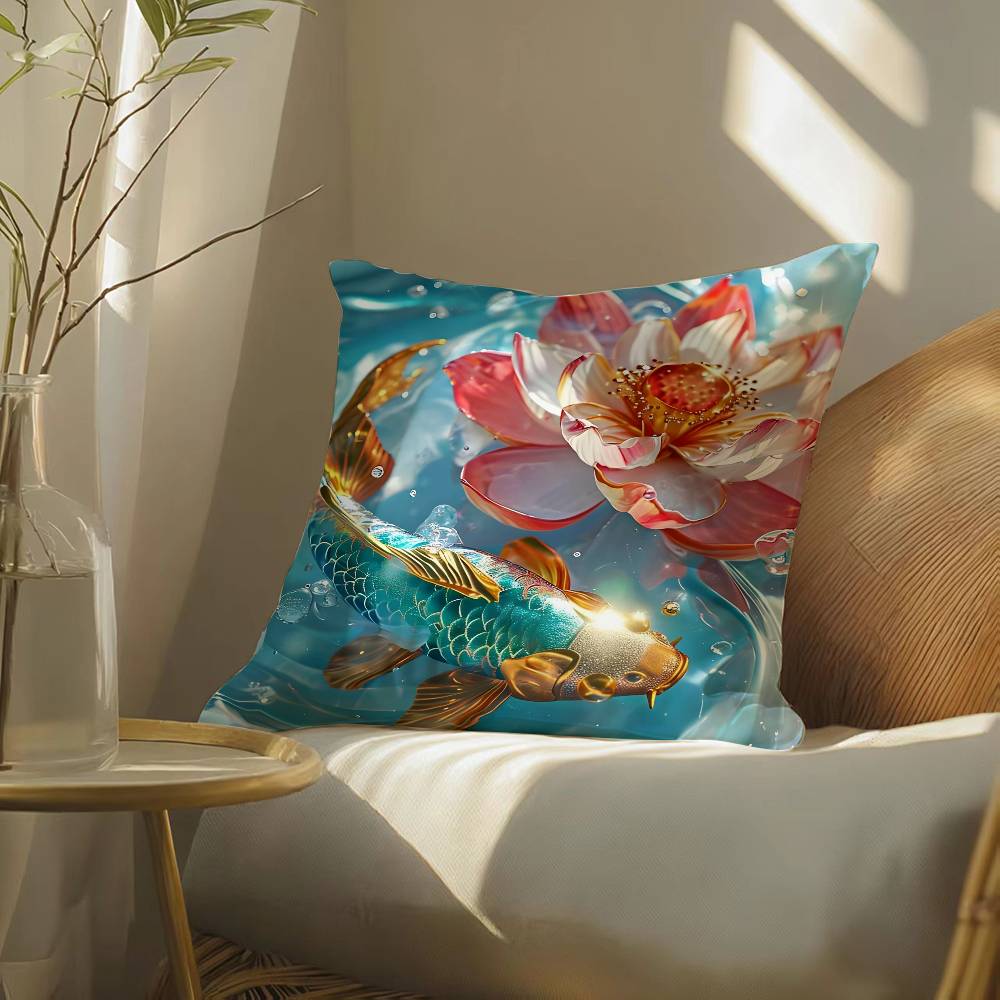 

Natural Fun Koi Fish lotus Pillow Case Silky elegant Comfort Sofa Bed Invisible zipper Beach pillowcase 12x12Inch