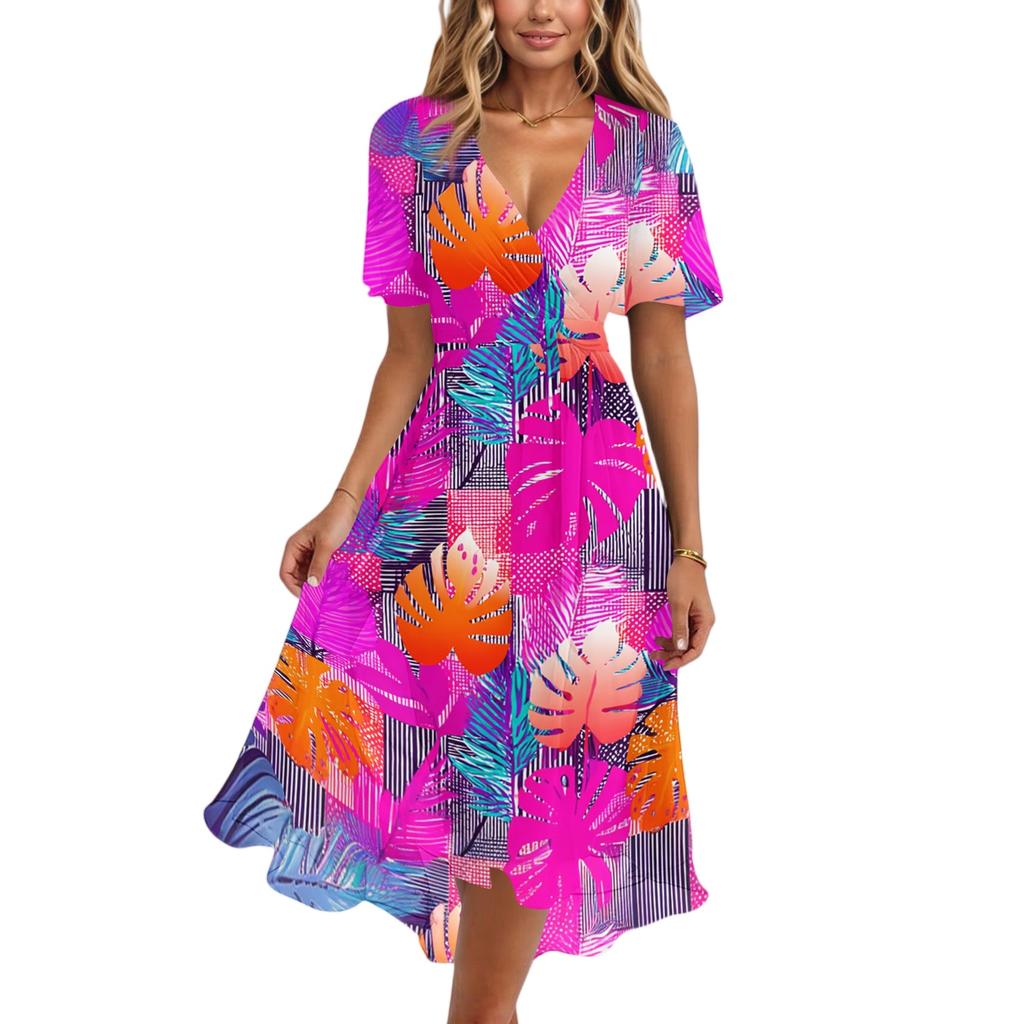 Summer Dresses for Women 2026 V Neck Short Sleeve Midi Dresses for Women Casual Dresses for Women Floral Dress