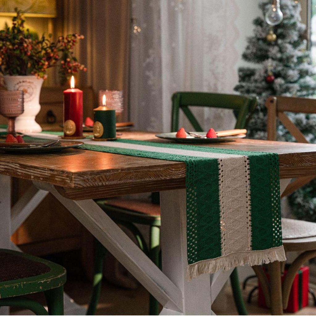 Chemin de table Imanqi Yun Coton Lin Rayé Bicolore avec Pompons Tissés