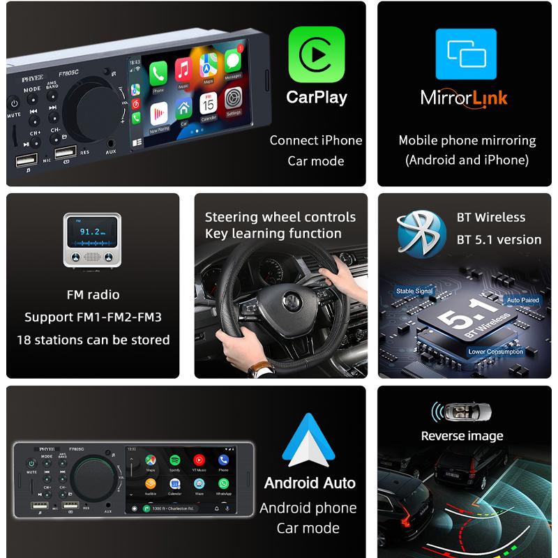 1 Din 4" CarPlay Car Radio, Bluetooth, Android-Auto, MP5 Player, Handfree A2DP, USB TF Aux Stereo, Multimedia Head Unit F7805C