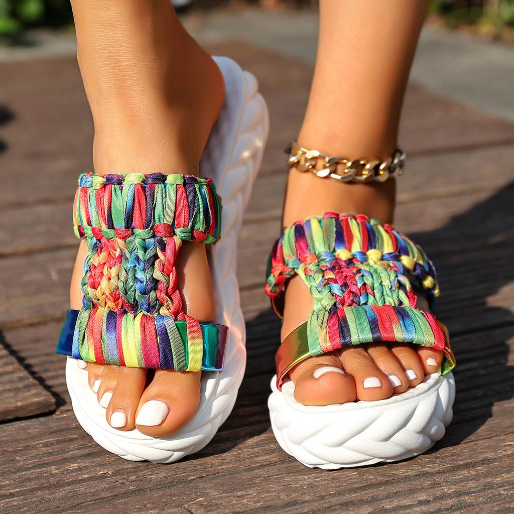 Summer New Woven Colorful Slippers Women Platform Round Head Cutout Breathable Platform Non-slip Cool Mopping