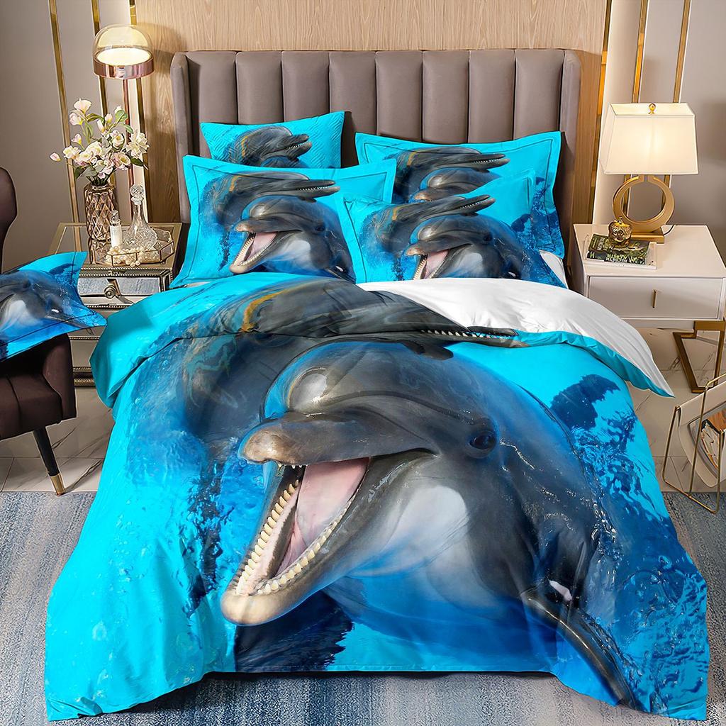 3D-gedruckte Heimtextilien Bettwäsche Delfin Meeresschildkröte Meerestier Quilt-Set Dreiteiliges Set