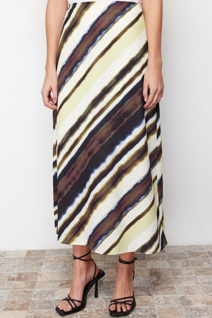 Women's Fashion Multicolored Satin Patterned A-line Midi Length Woven Skirt