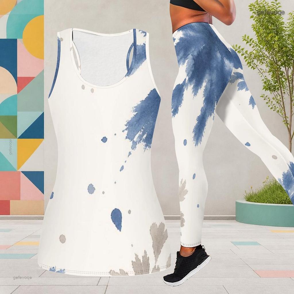 Women Plus Size Two Piece Set Scoop Neck Sleeveless Longline Tank Top Fitted Pants Blue White Printed