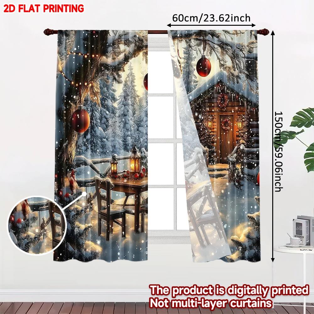 Flat Printing Christmas Hot Curtains Snowy Cabin Scene Digital Printed Polyester Drapes Birthday Party Perfect Curtain Set Of 2 Made Washable
