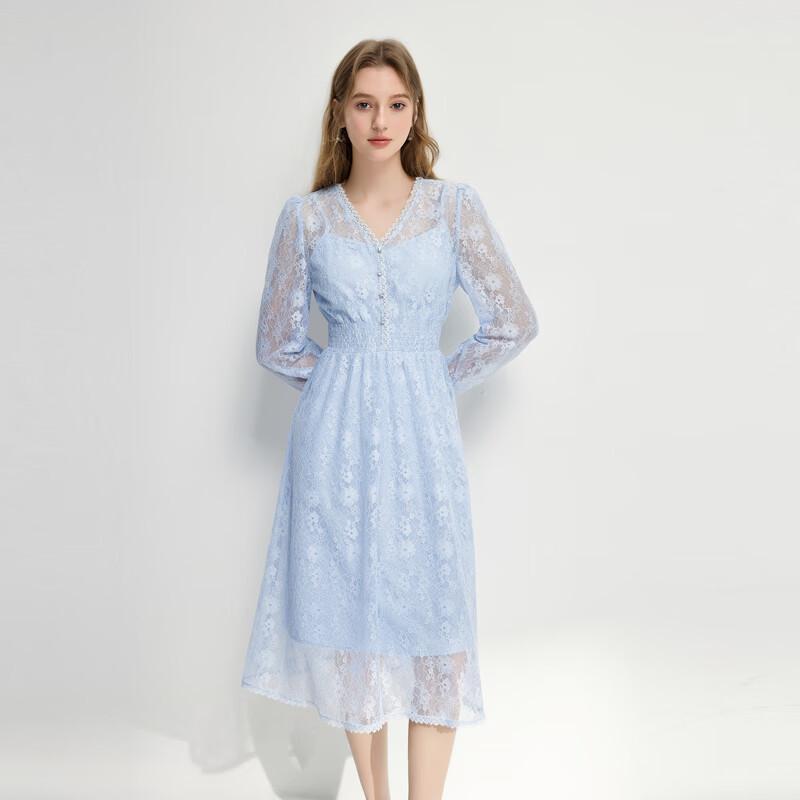 

Qiushui Yiren V-neck Spliced Lace A-line Midi Dress L