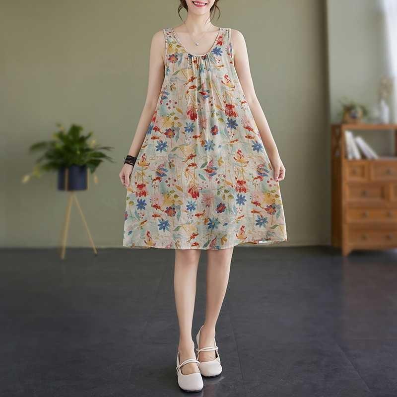 Real Shot Large Size Women's Clothing Summer Loose Suspender A-word Skirt Sleeveless Crew Neck Printed Dress