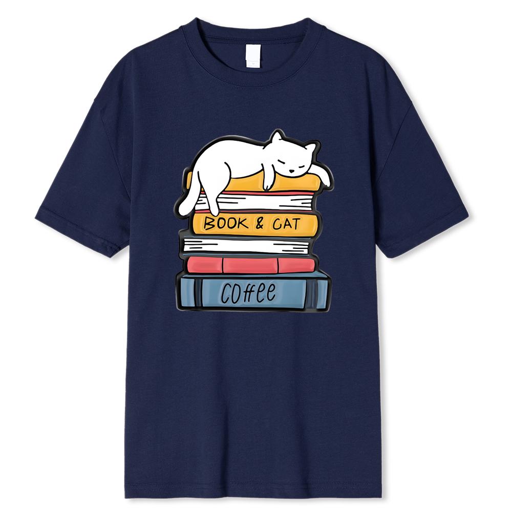 Bílá kočka spící na hromadě knih Potisk Oblečení Pánské Vysoce kvalitní Tričko Letní Bavlněná Trička Volné Topy