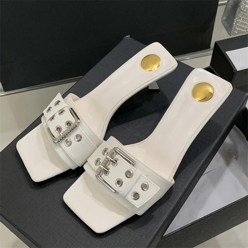 Design Buckle Strap Square Toe Women Slippers Fashion Low Heels Party Slide Shoes Summer Sandals Zapatos De Mujer