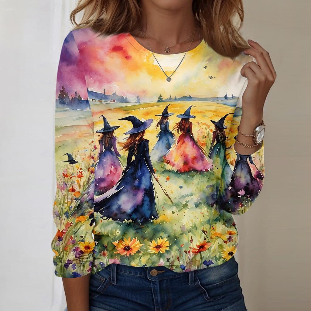 Women's Halloween Print Oversized Long Sleeve Round Neck Top