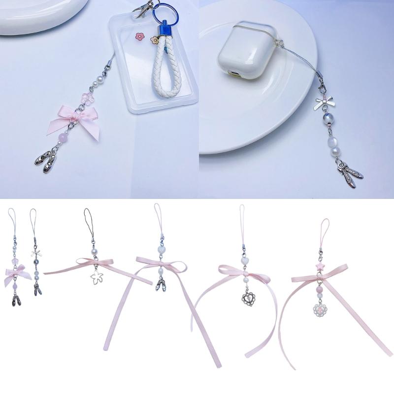 Korálkový telefonní šňůrka s mašlí a přívěskem na zápěstí, odnímatelný baletní střevíček, řetízek na klíče, přenosné příslušenství pro ženy