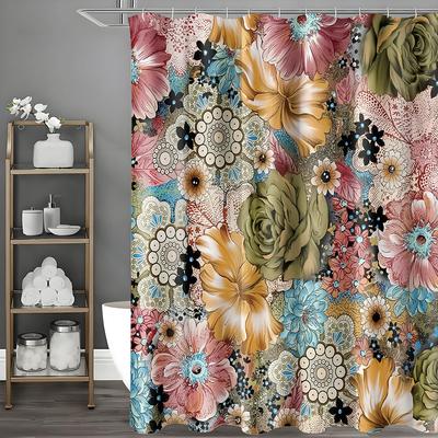 Bohemian Style Floral Shower Curtain, Bathroom Decorative Shower Curtain, Waterproof Shower Curtain with Hooks