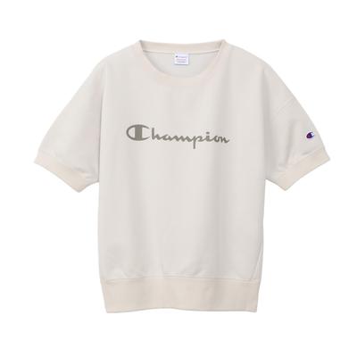 Champion Terry Short Sleeve Crew Neck Script TECH Pale White Women's Sweatshirt, Quick-Drying, Stretch, Logo, Weave®, CW-BS002,