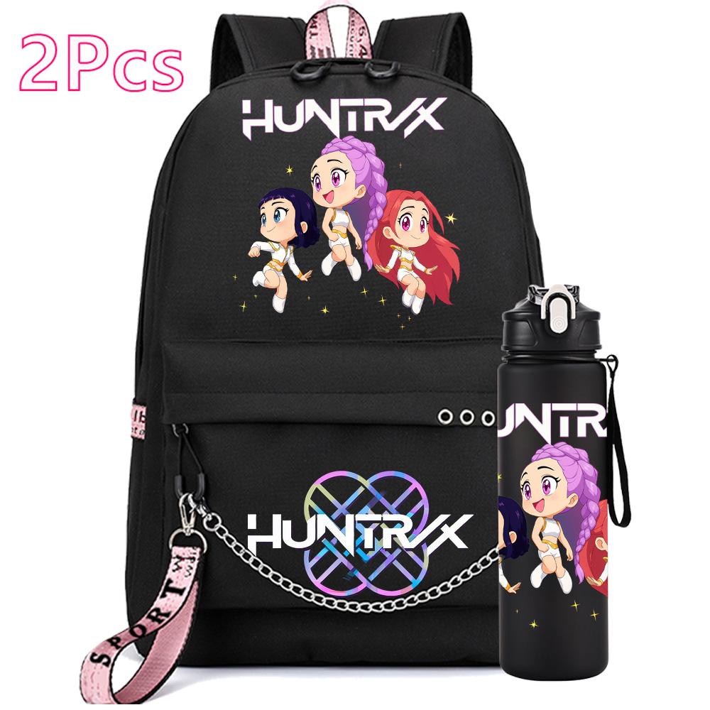 2Pcs/set Anime K-Pop Demon Hunters Printed Backpack with 750Ml Water Bottler for Teenager Girl Boy Large Capacity Waterproof Bookbag Gift