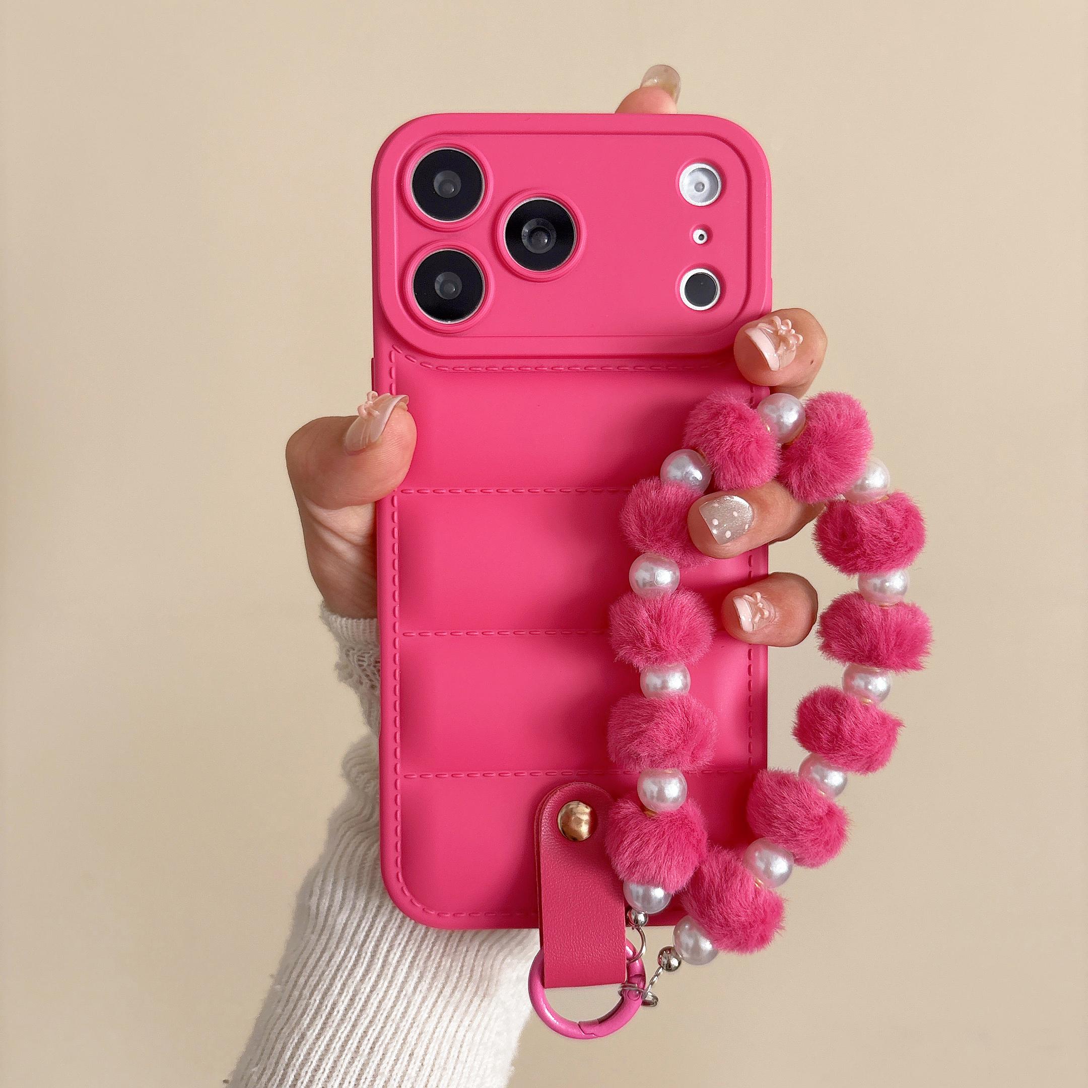 

Soft Down Jacket Pearl Furry Lanyard Phone Case For Realme C33 C35 C51 C51S C53 C55 C61 C63 C65 C65S C67 C73 C75 C75X Realme C75X 4G