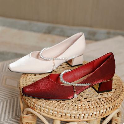 Medium Heel Single Shoes New Pearl Word with Thick Heel High Heels Red Wedding Shoes Square Head Mary Jane Women's Shoes