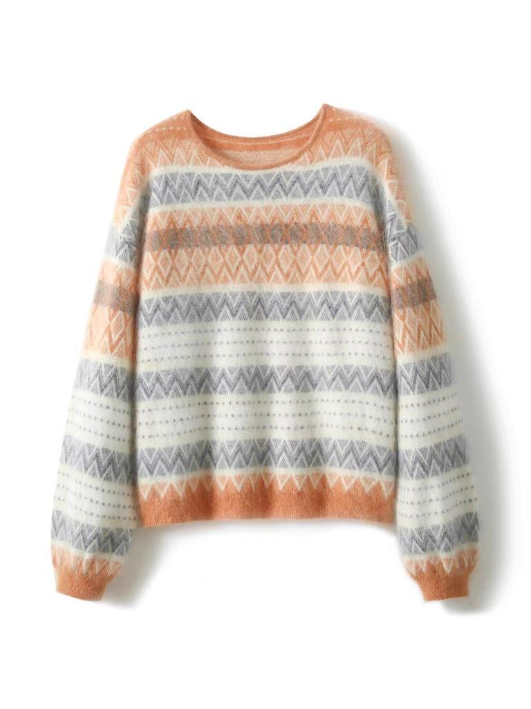 Women's Fair Isle Jacquard Knit Sweater - Autumn/Winter Korean Style, Loose Fit, Round Neck Pullover