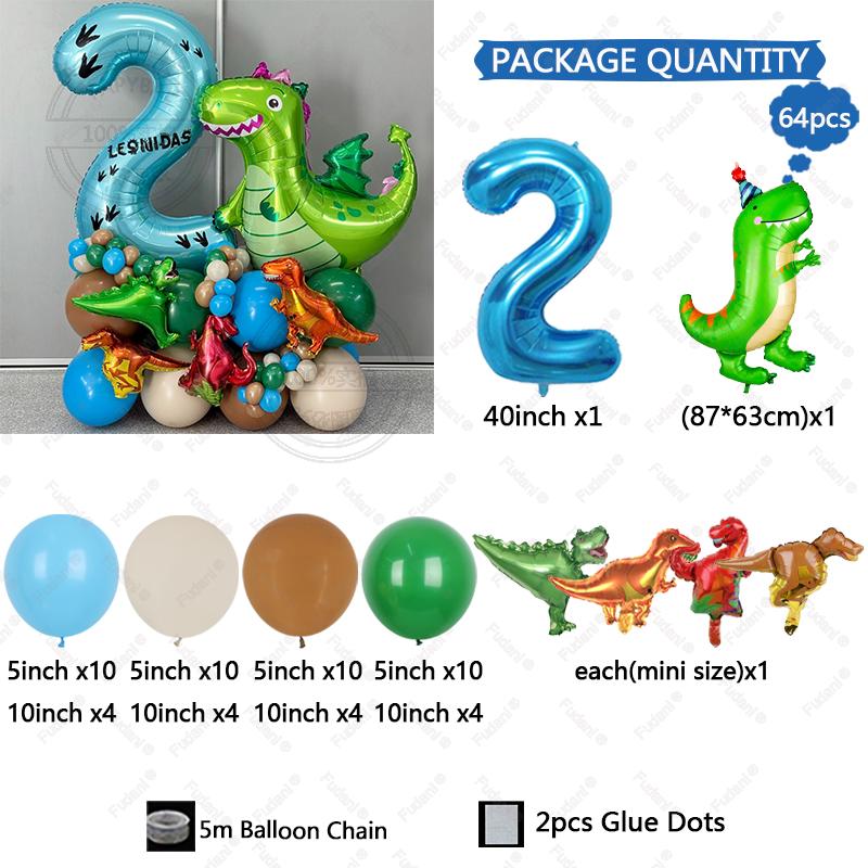 64pc/set Little Dinosaur Blue Series Digital Aluminum Film Balloon 1-9 Suitable for Birthday Party Anniversary Graduation Gift