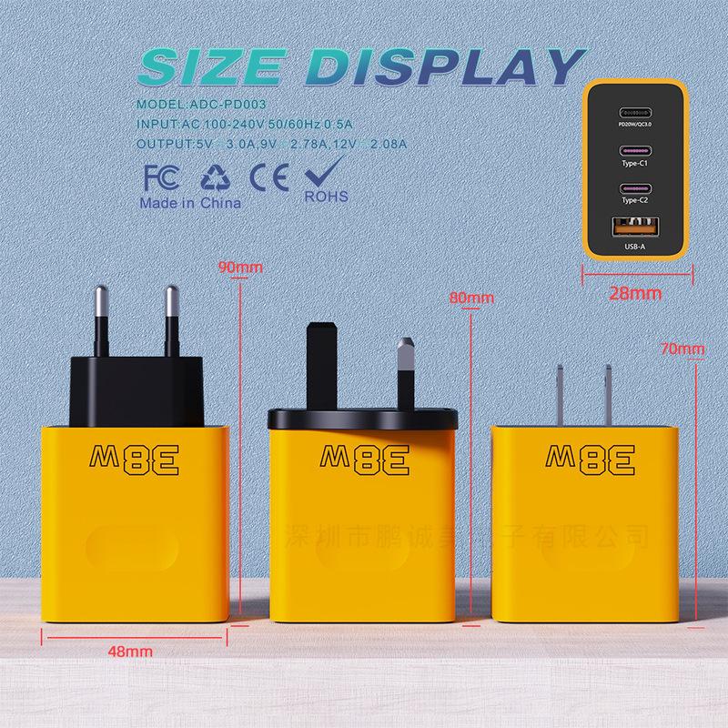 38W Multi-Port Travel Charger with 3 Type-C & 1 USB, EU/UK Plug, 3PD Fast Charging