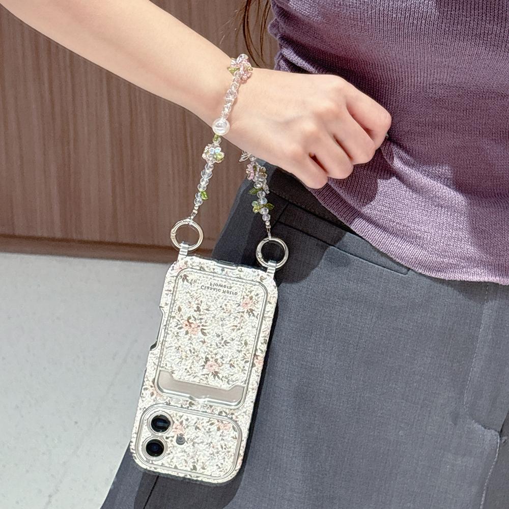 KEYSION Women Girl's Flower Phone Case for iPhone 14 15 16 17 Pro Max Card Holder Bag Shockproof Cover with Bead Bracelet Chain