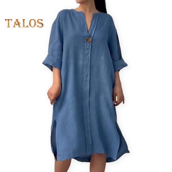 Robe mi-longue ample à col en V et manches trois-quarts pour femme, couleur unie, ourlet fendu, boutons décoratifs, tenue quotidienne décontractée