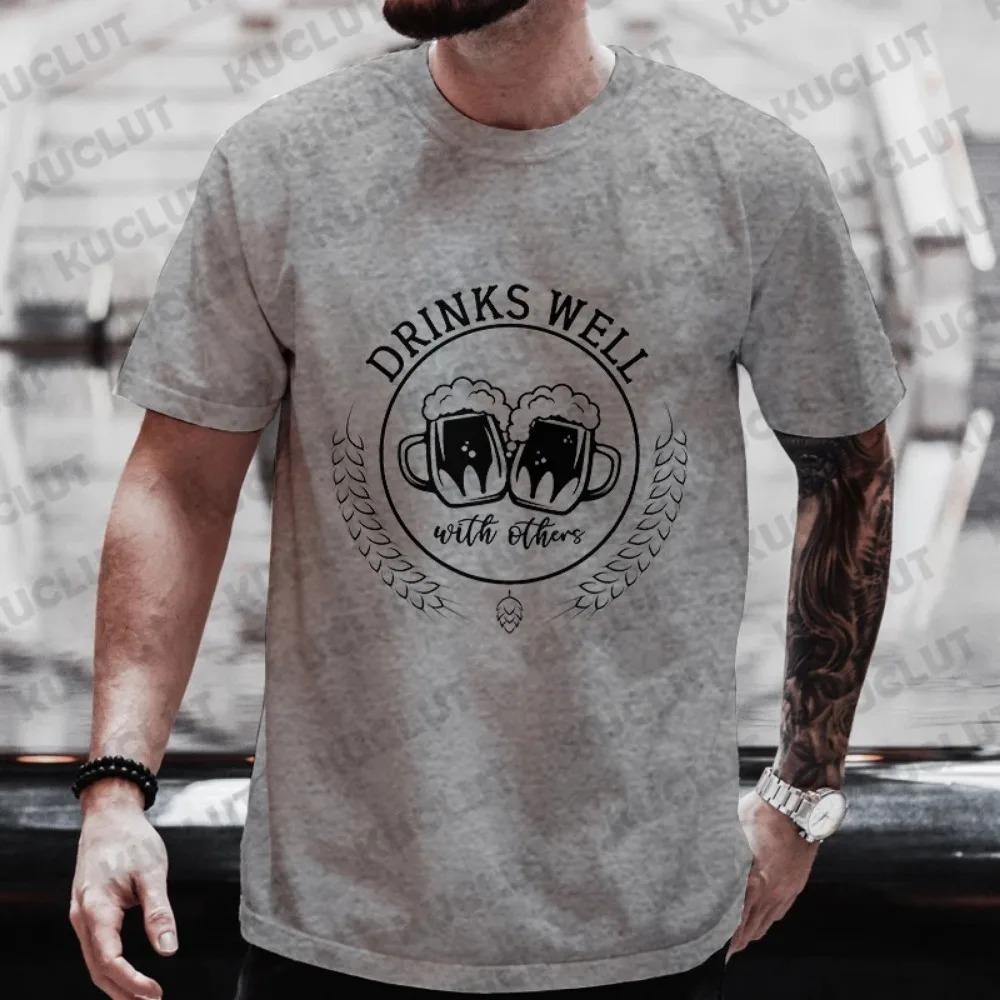 Drinks Well with Others Graphic T Shirt for Men Funny Beer Clothes Plus Size Matching Tees Outfit Short Sleeve Tops Streetwear