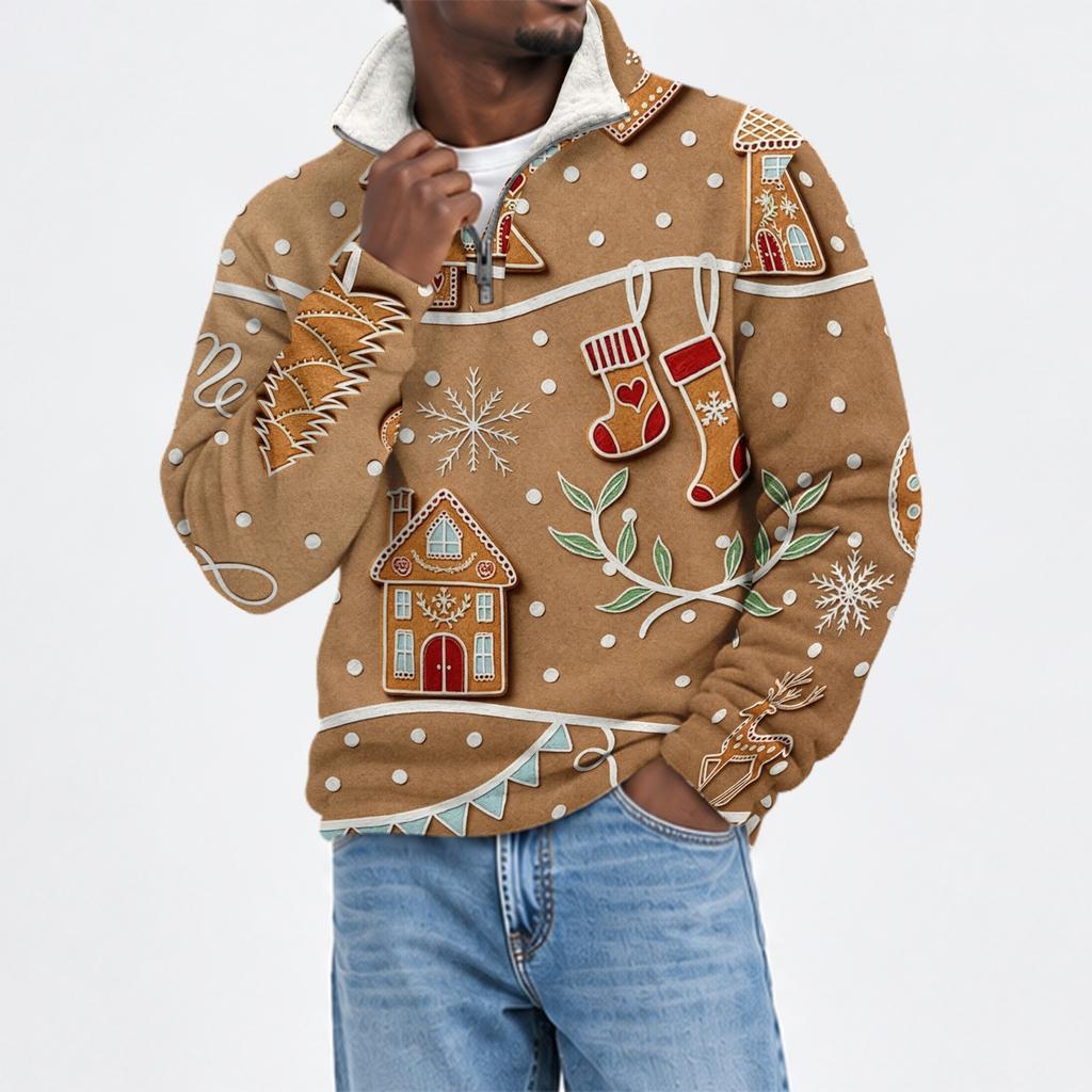 Herren Flanell Sweatshirt mit Stehkragen und Weihnachtsdruck für Freizeitkleidung an den Feiertagen