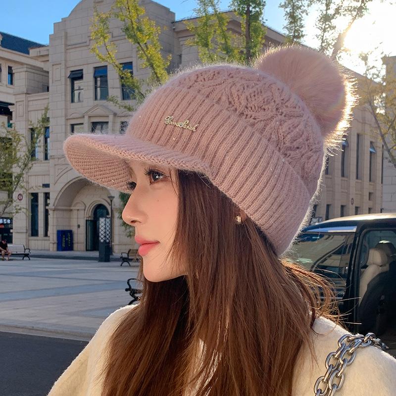 Winter New Duck Tongue Wool Hat Women's Thickened Warm Ear Protection Hairball Knitted Hat Cycling Cold Hat