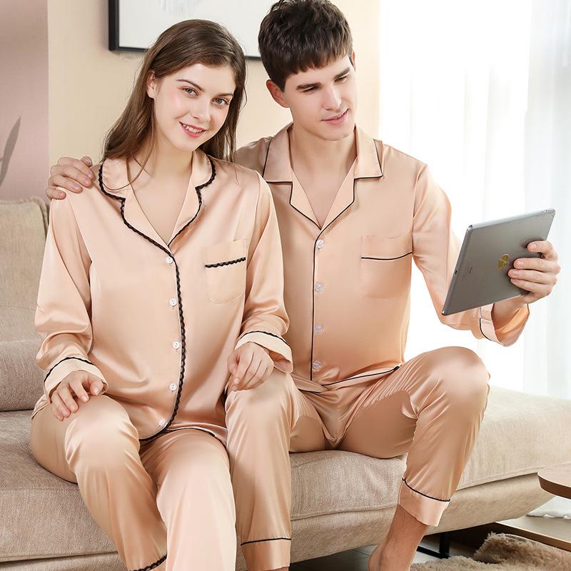 Seiden Langarm Partner Pyjama Set für Frühling, Herbst und Sommer: Herren Eis-Seide, Damen Herbst/Winter-Bekleidung