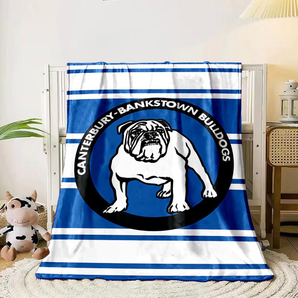 

Bulldog emblem with blue and white horizontal stripes in the background. for all seasons blanket lunch break throw gift 80cm x 120cm