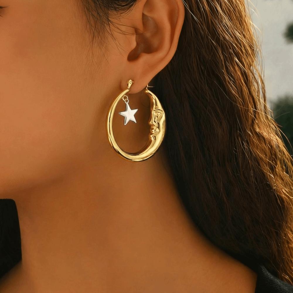 1 Pair Lightweight Hanging Earrings Retro Personalized Jewelry New Moon and Star Earrings For Women