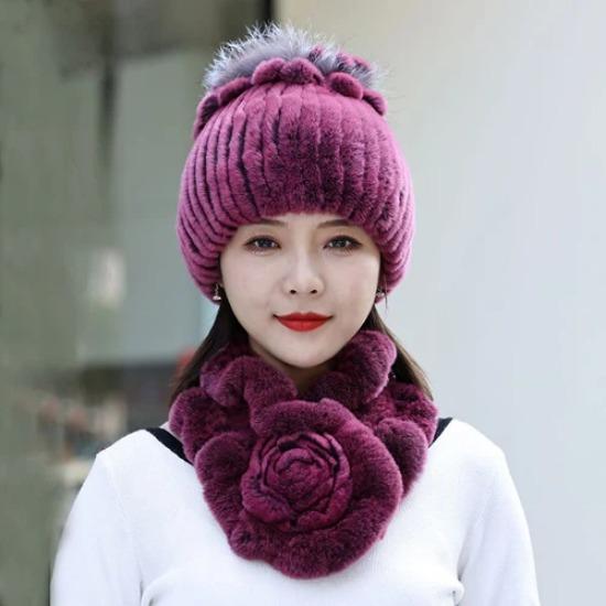 Neue Mode Frauen Winter Echte Rex Kaninchen Pelzmütze Schal Natürliche Weiche Rex Kaninchen Pelz Kappe Schals Sets Für Dame Im Freien warm halten