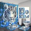 4Pcs White Siberian Tiger Shower Curtain Set with Non-Slip Bath Mat, Toilet Lid Cover, Contour Rug & 12 Hooks, Bathroom Decor