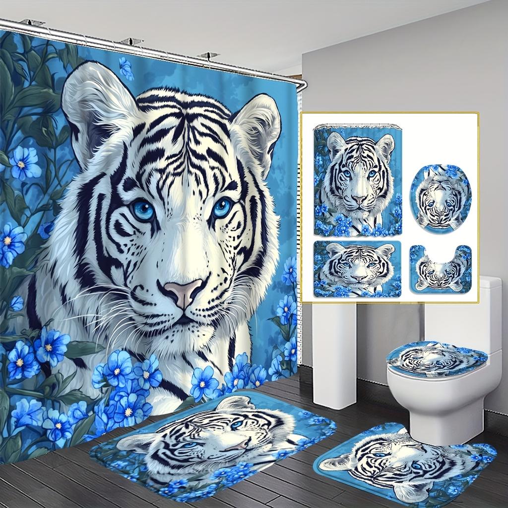 4Pcs White Siberian Tiger Shower Curtain Set with Non-Slip Bath Mat, Toilet Lid Cover, Contour Rug & 12 Hooks, Bathroom Decor
