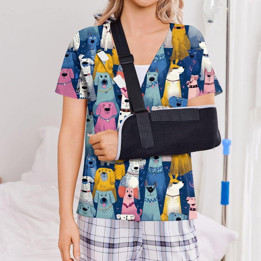 Women Post Surgery Shirt Striped Print Button Down Short Sleeve Four Pocket Top Lightweight Comfortable Fit Casual Wear