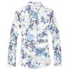 Men Long Sleeve Printed Shirt Men Lapel Single Breasted Stretch Shirts Male Fashion Casual Blue White Red Camisa