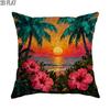 1pc 2D Flat Outdoor Pool Party Hibiscus Throw Pillow Covers, Tropical Coastal Palm Trees Sunset Summer Peach Soft Velvet Washable Decorative Pillow Ca