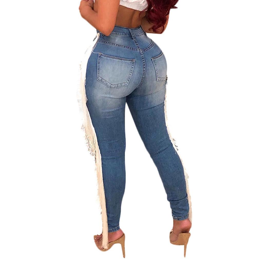 Fashion Women High Waist Hole Tassel Button Zipper Pocket Denim Jeans Sexy Pants