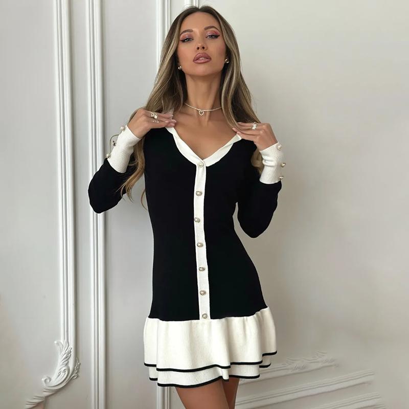 Spring Knitted Dress Women Elegant Ladies V-Neck Long Sleeve Bandage Bodycon Mini Dresses 2026 New Ruffles Party Vestidos