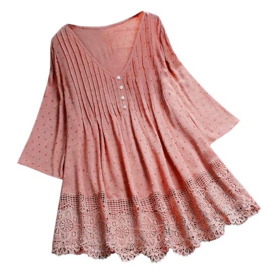 Boutons grande taille couture décor manches creuses dentelle florale ourlet chemisier