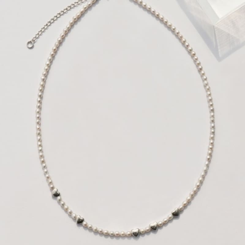 BONBEAU Bebe silver heart water pearl Necklace Silver mini heart freshwater pearl choker silver necklace 3mm