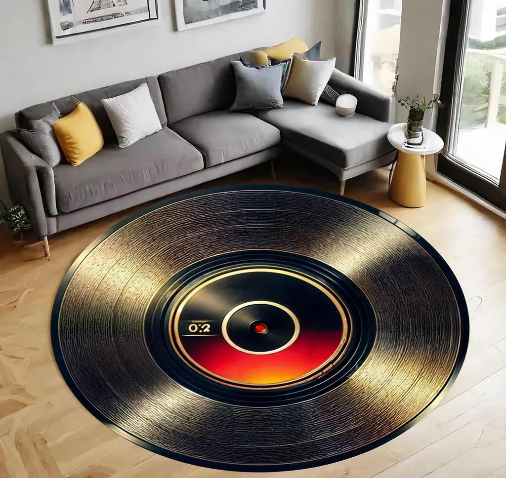 Music Theme Plaque Rug, Round Rug with Music Pattern, Music Motif, Movie Music Cd Carpet, Music Notes Non-slip Floor Mat