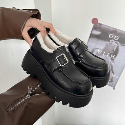Autumn and Winter Maillard Thick-soled Velvet Warm Women's Small Leather Shoes Lazy Cotton Shoes Women