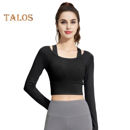 

Женский прозрачный сетчатый поддельный двухкомпонентный укороченный топ облегающего кроя с длинными рукавами, топы для тренировок, майки с подкладкой для занятий йогой и фитнесом M чёрный